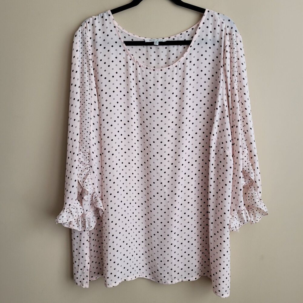 Rose & Olive Womens Blouse Plus Size 1X Blush Pink Black Gray Polka Dots Ruffles